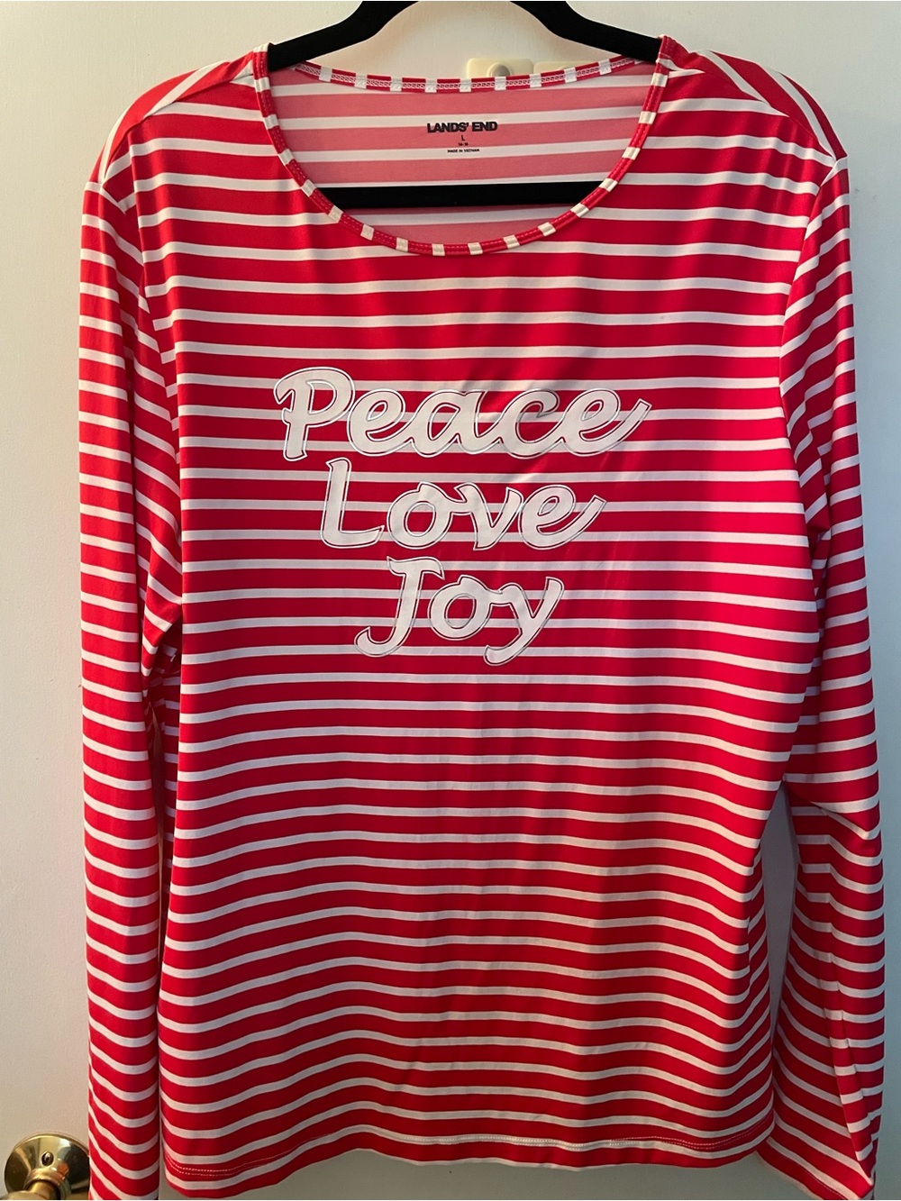 Lands' End Womens Peace Love Joy' Red & White swim shirt